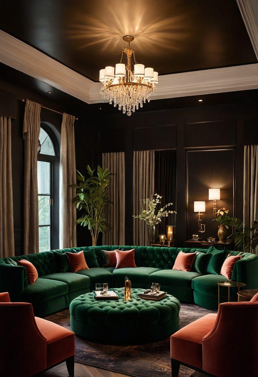 A sultry scene depicting a diverse group of adults enjoying various forms of sensual entertainment, set in an inviting lounge with plush seating and warm lighting. The atmosphere should radiate allure and openness, showcasing gentle interactions over screens displaying clips and movies. Elements of luxury and intimacy should be present, with artful silhouettes and glimpses of nature peeking through. The color palette should be rich and inviting, emphasizing warmth and passion. vibrant colors. super-realistic.