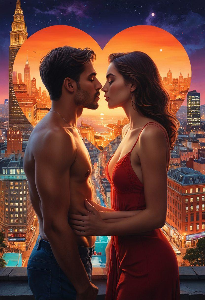 A visually provocative collage featuring a diverse group of adults engaged in intimate moments, symbolizing different aspects of modern sexuality. Include elements like a glowing heart, abstract representations of desire, and contrasting emotions reflected in their expressions. The background should blend vibrant cityscapes and surreal dream-like elements to emphasize the intertwining of reality and fantasy. Incorporate soft lighting and a mix of warm and cool colors for depth. super-realistic. vibrant colors.